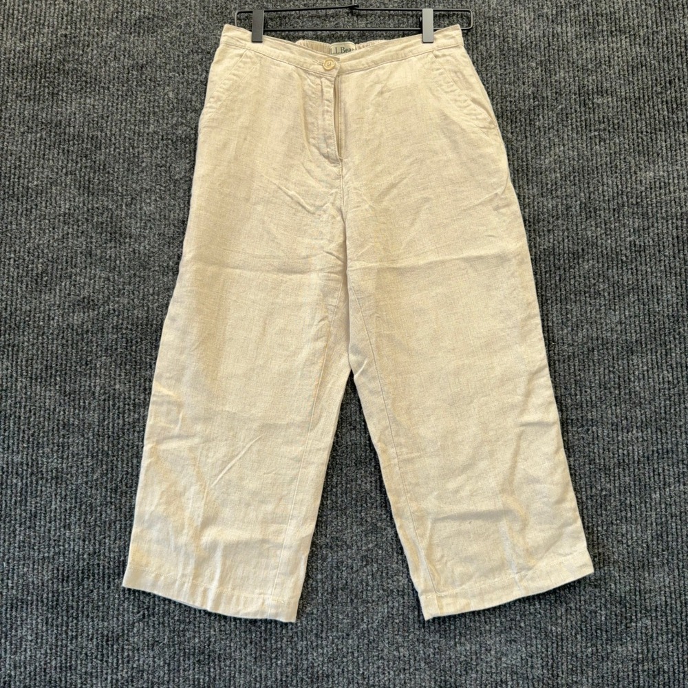 LL Bean Classic Fit Capri Pants Womens 8 Beige 100% Linen Straight Leg Cropped